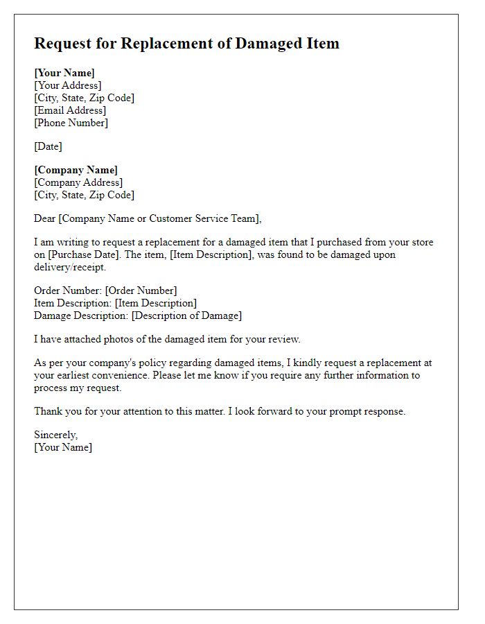 Letter template of damaged item request for replacement