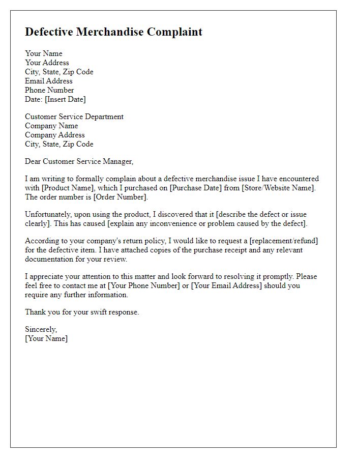 Letter template of defective merchandise complaint