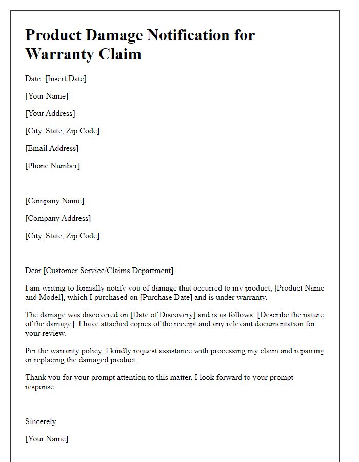 Letter template of product damage notification for warranty claim