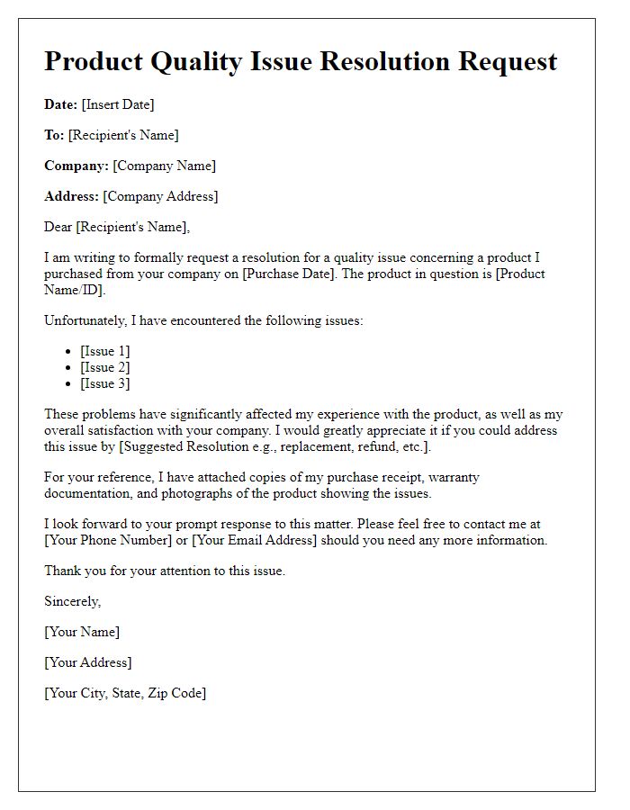 Letter template of product quality issue resolution request