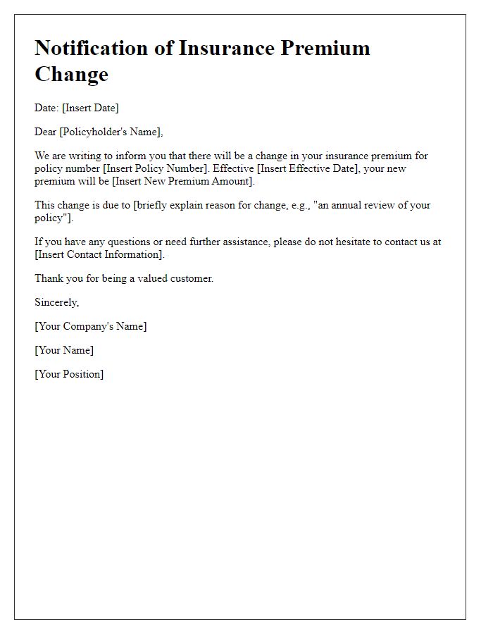 Letter template of notification for insurance premium change.