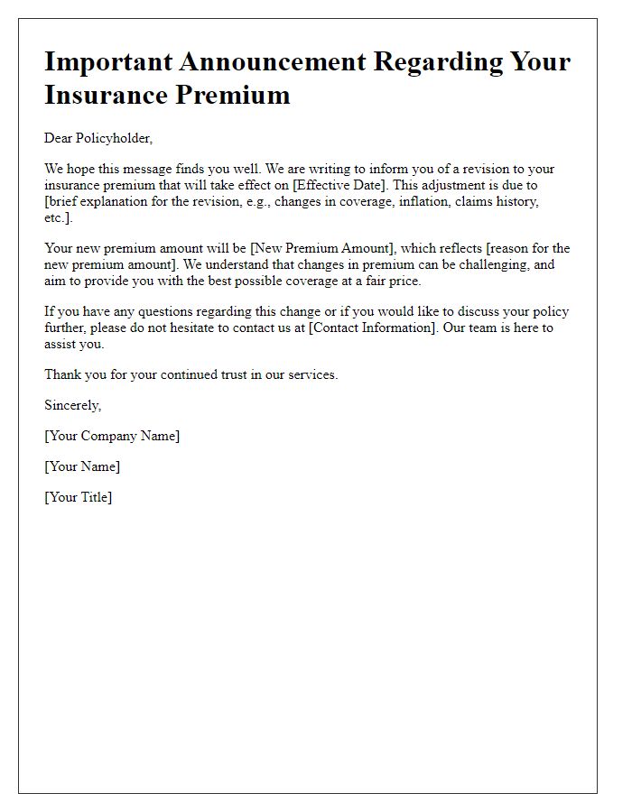 Letter template of revised insurance premium announcement.