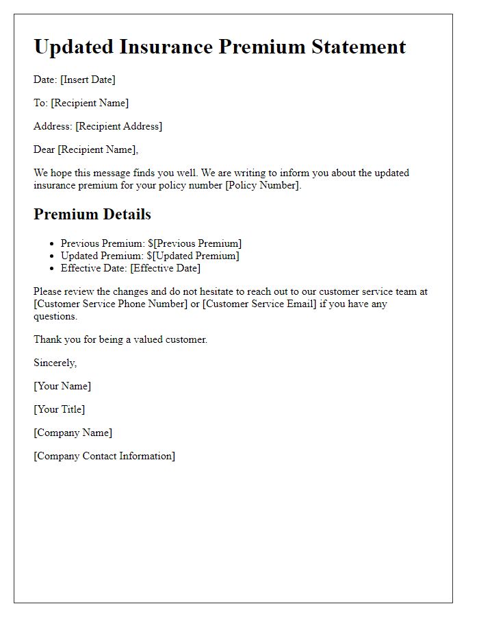 Letter template of updated insurance premium statement.