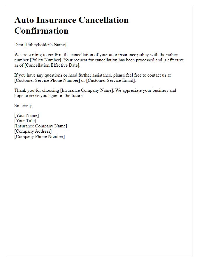 Letter template of insurance cancellation confirmation for auto insurance