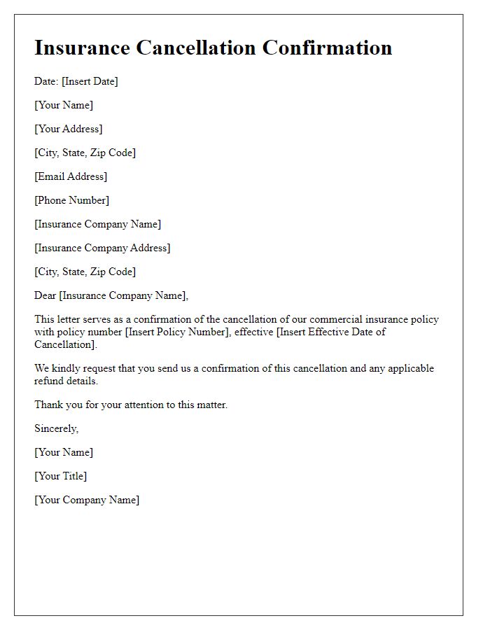 Letter template of insurance cancellation confirmation for commercial policy