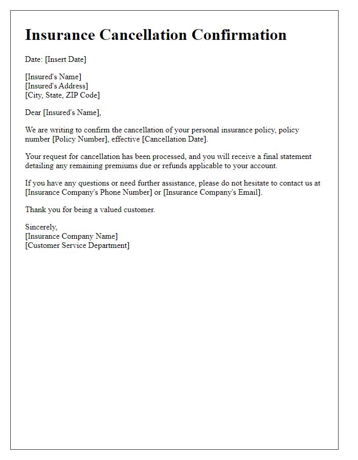 Letter template of insurance cancellation confirmation for personal policy