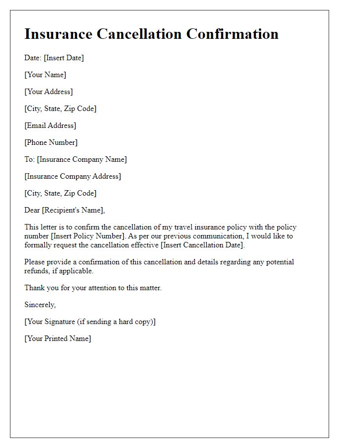 Letter template of insurance cancellation confirmation for travel insurance