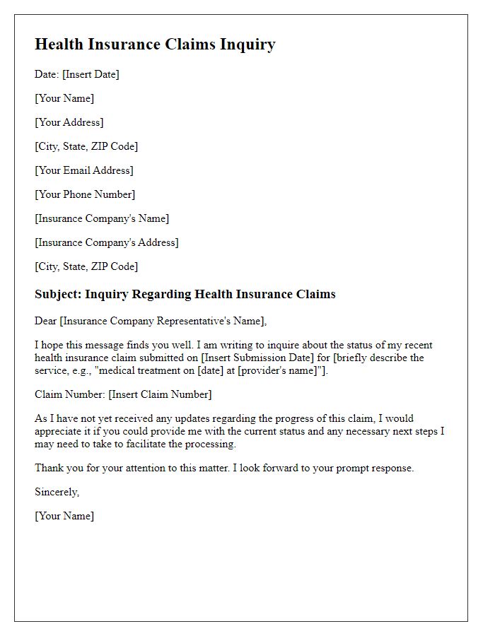 Letter template of health insurance claims inquiry