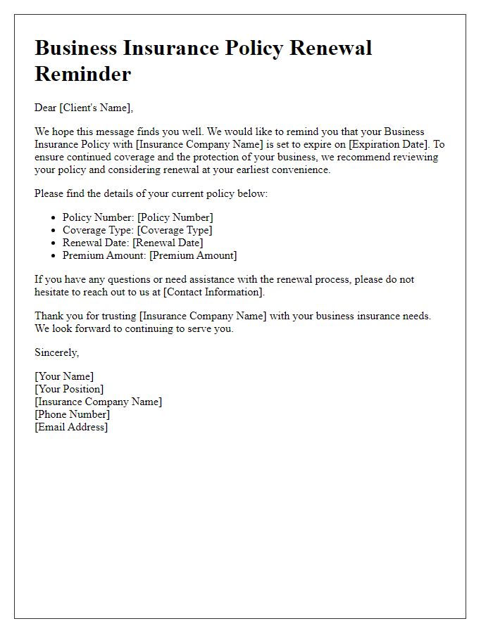 Letter template of Business Insurance Policy Renewal Reminder