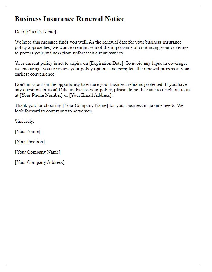 Letter template of Business Insurance Renewal: Dont Miss Out!