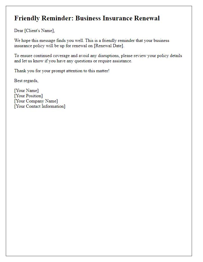 Letter template of Friendly Reminder: Business Insurance Renewal