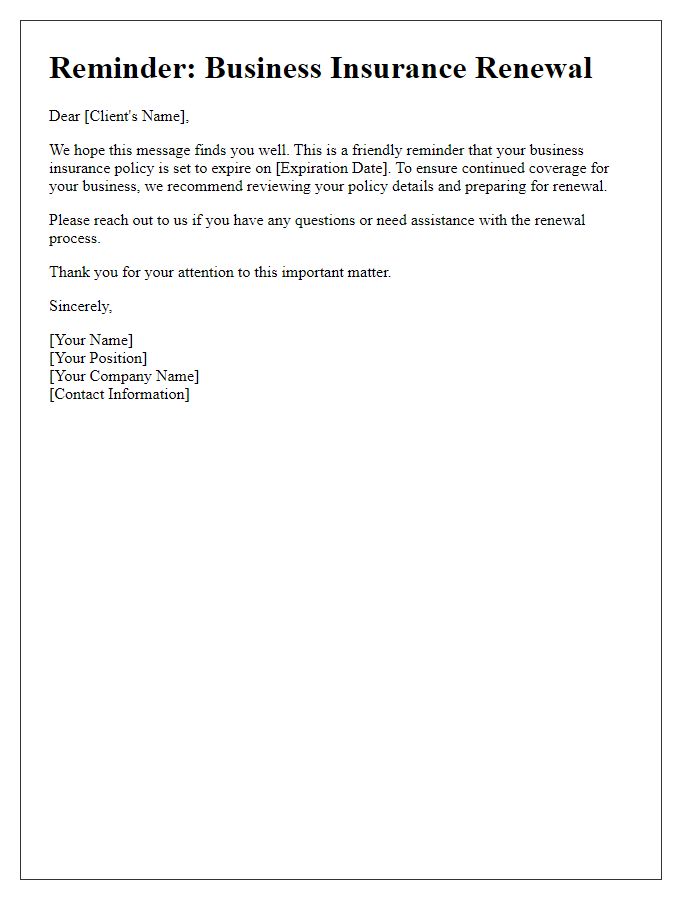 Letter template of Reminder for Your Business Insurance Renewal