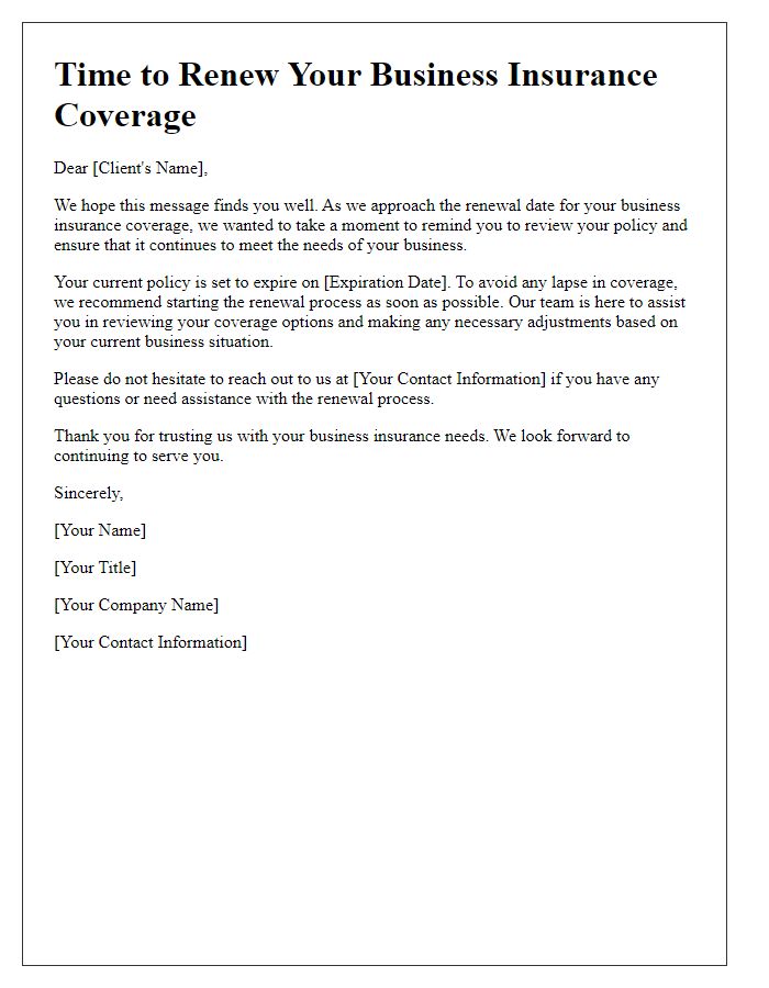 Letter template of Time to Renew Your Business Insurance Coverage