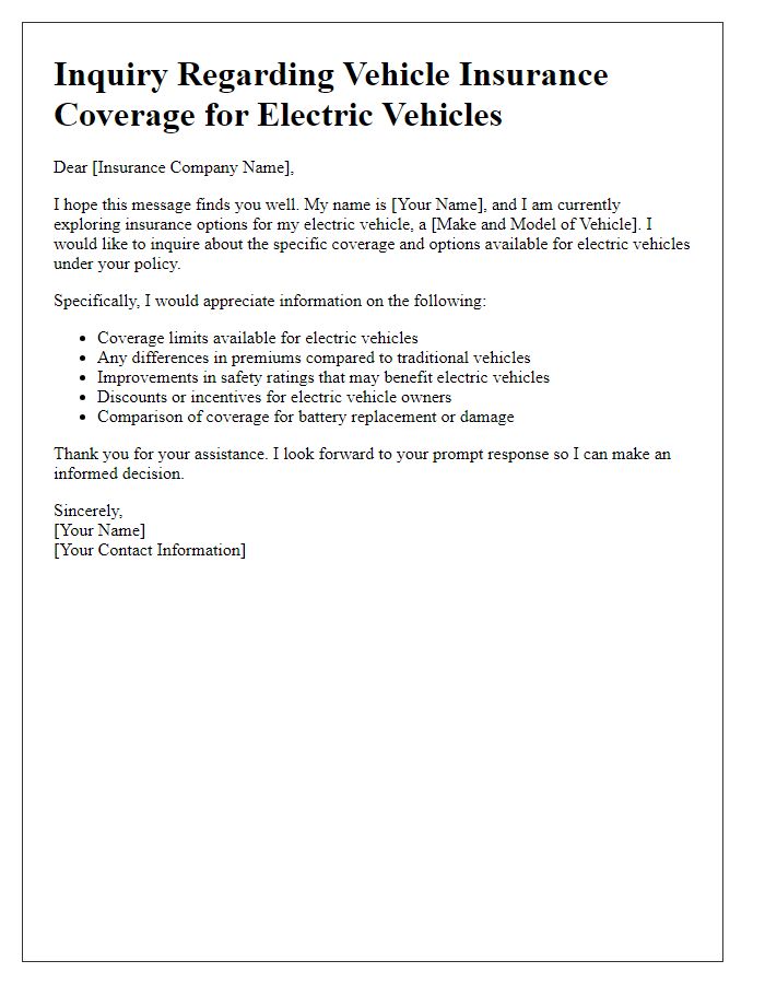 Letter template of vehicle insurance inquiry concerning coverage for electric vehicles.