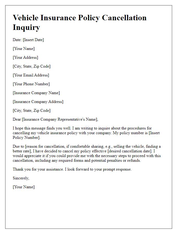 Letter template of vehicle insurance inquiry for policy cancellation procedures.