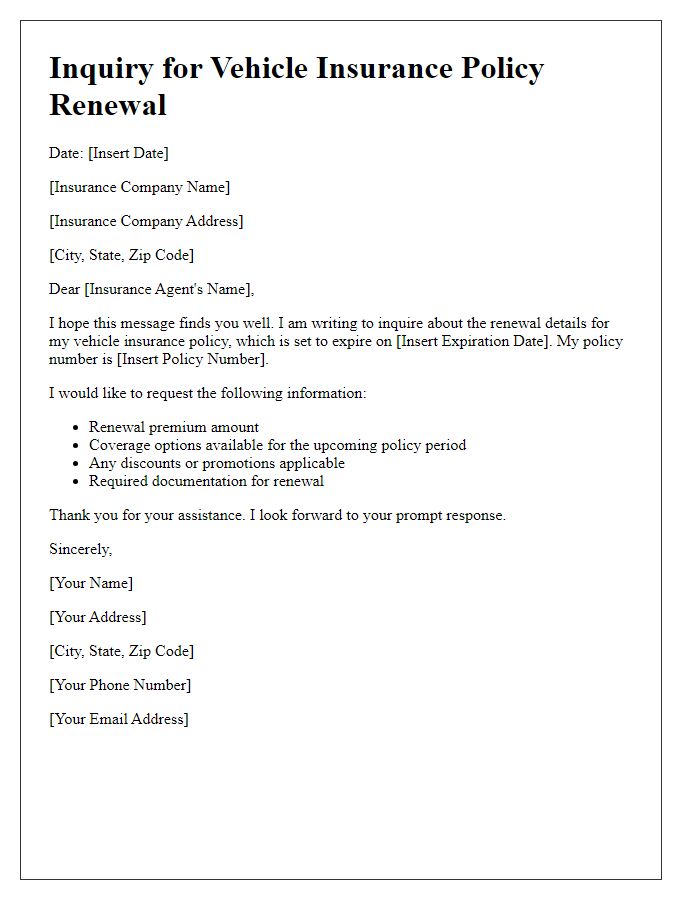 Letter template of vehicle insurance inquiry for policy renewal details.