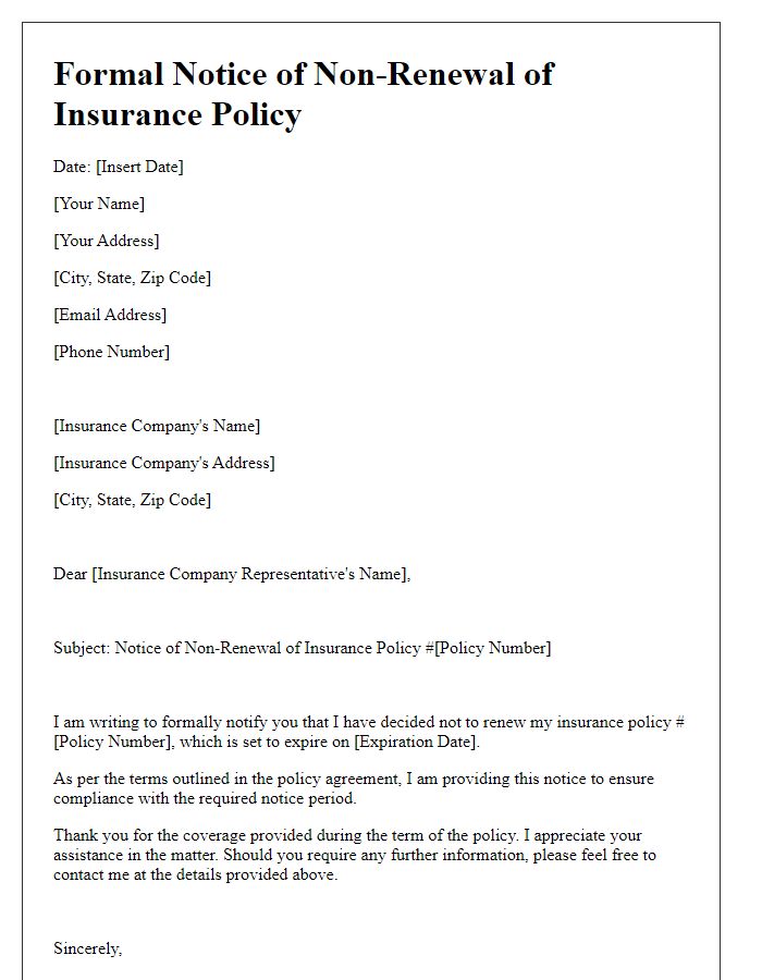 Letter template of formal notice for insurance policy non-renewal