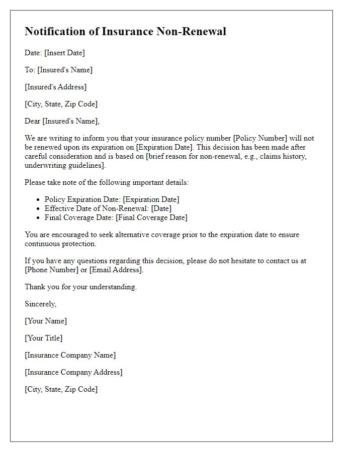 Letter template of notification for insurance non-renewal