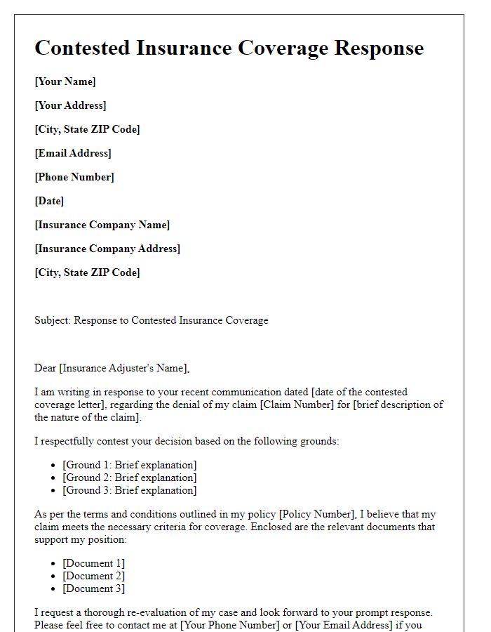 Letter template of contested insurance coverage response