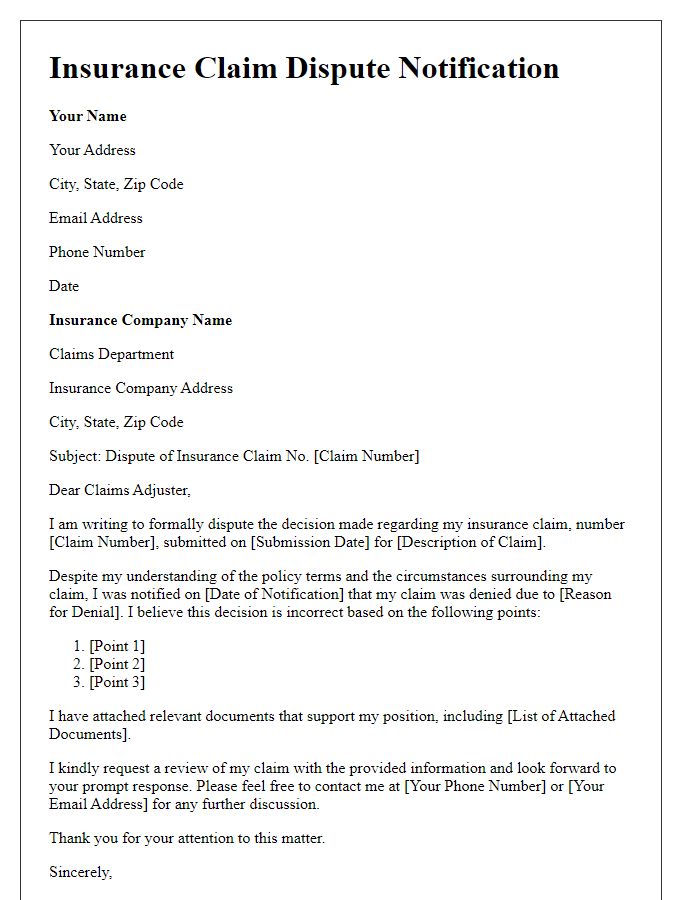 Letter template of insurance claim dispute notification