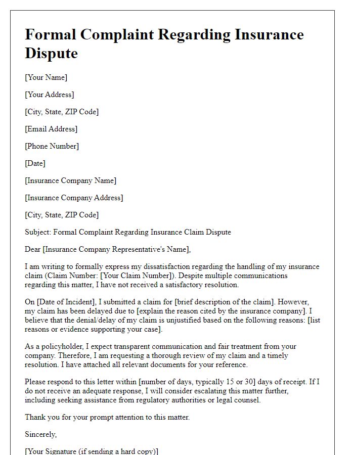 Letter template of insurance dispute formal complaint