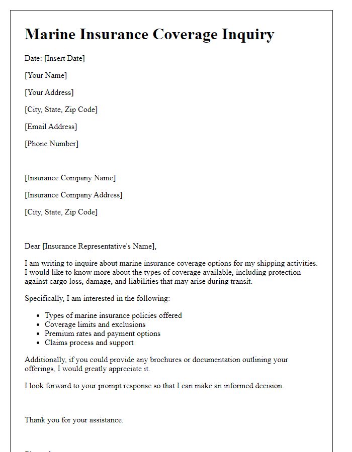 Letter template of marine insurance coverage inquiry