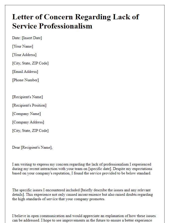 Letter template of concern for lack of service professionalism