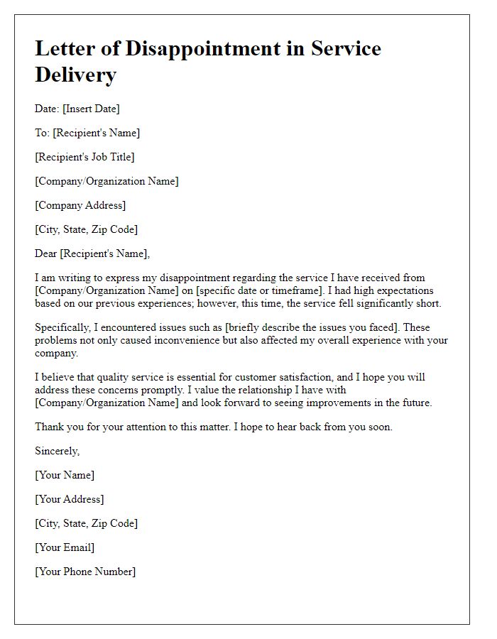 Letter template of expression of disappointment in service delivery