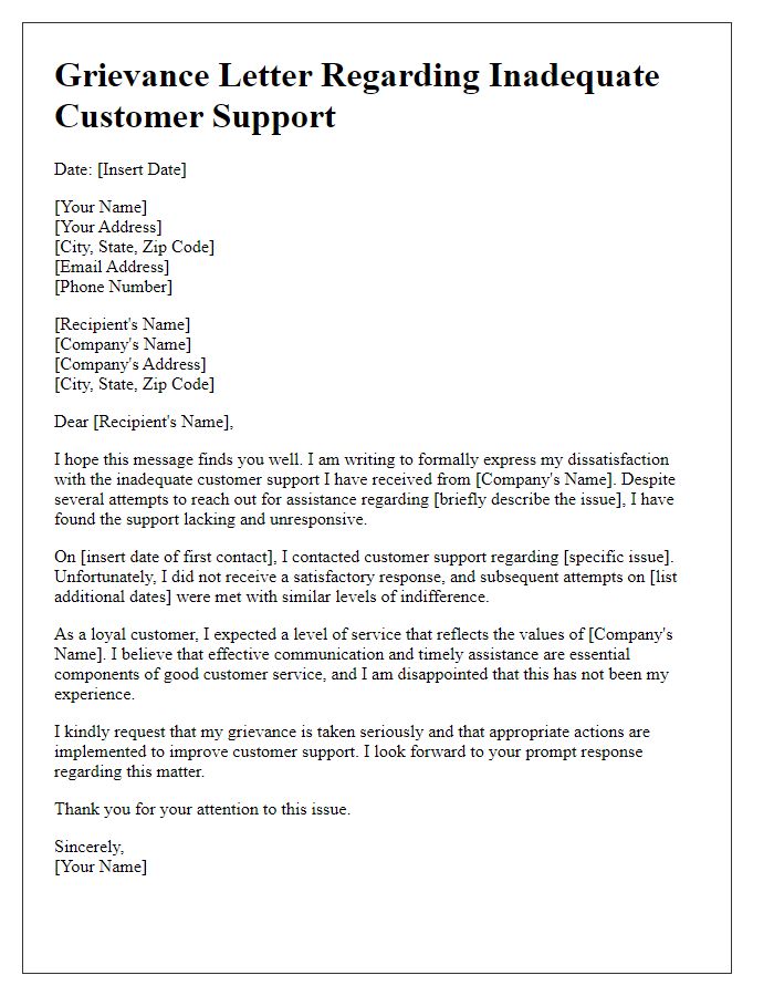 Letter template of grievance about inadequate customer support