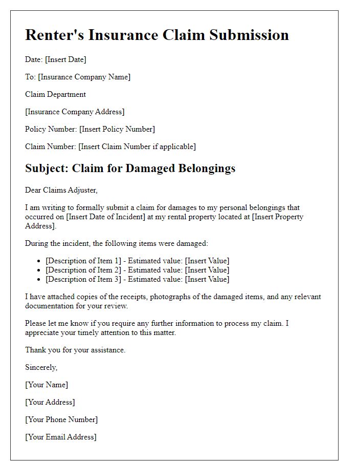 Letter template of renters insurance claim submission for damaged belongings.