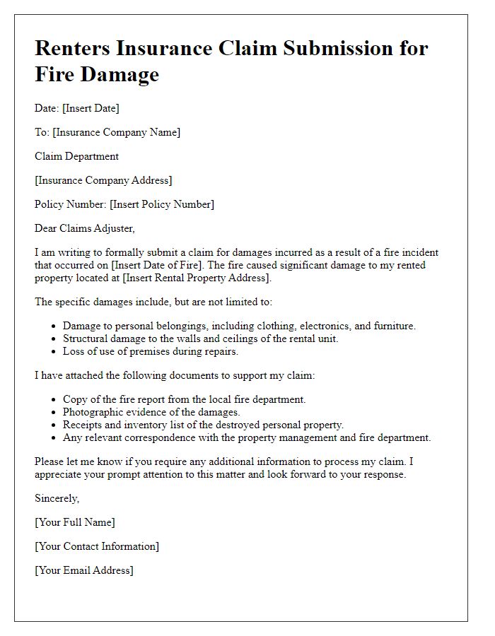 Letter template of renters insurance claim submission for fire damage.