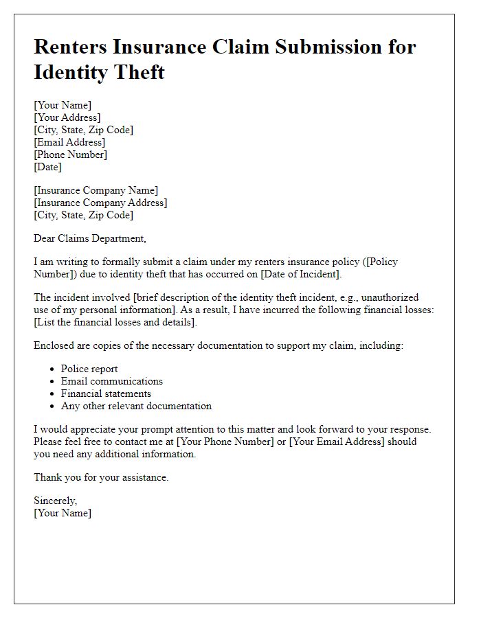 Letter template of renters insurance claim submission for identity theft.