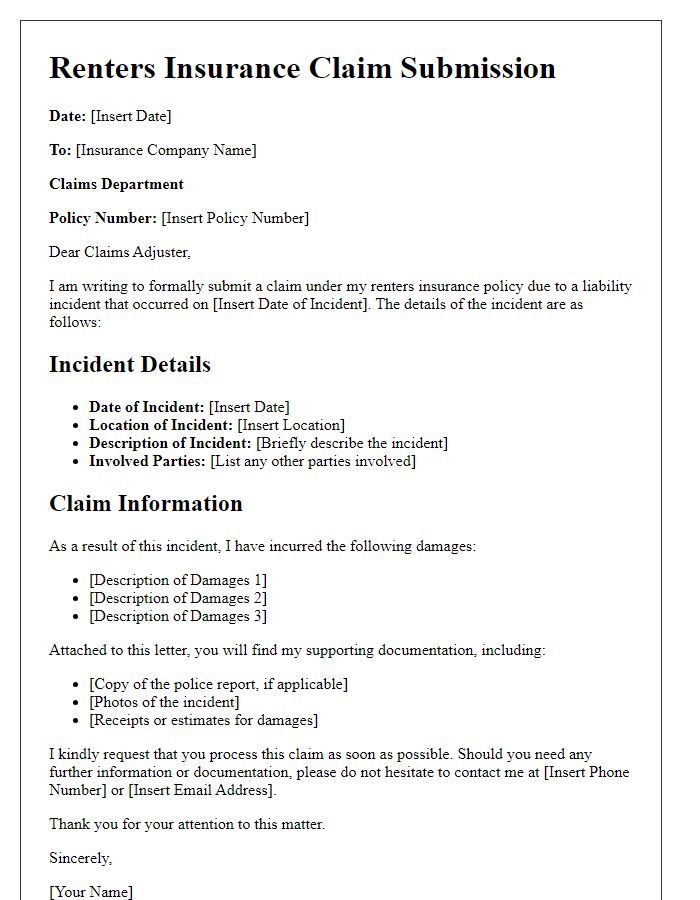 Letter template of renters insurance claim submission for liability claims.