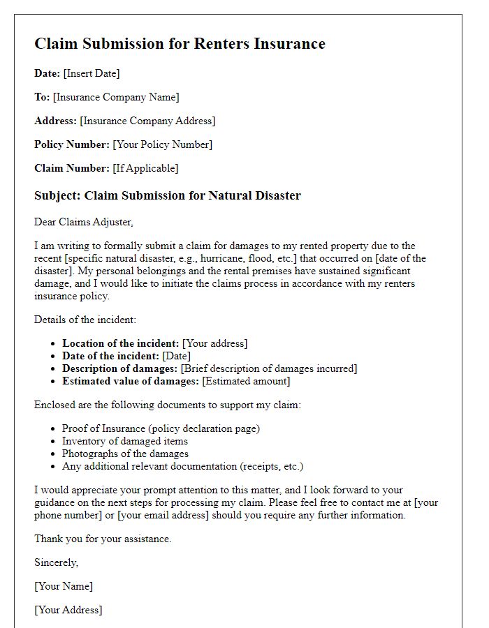 Letter template of renters insurance claim submission for natural disaster.