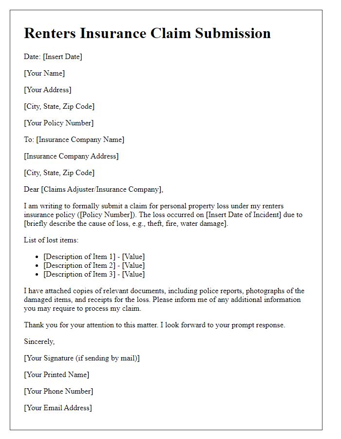 Letter template of renters insurance claim submission for personal property loss.