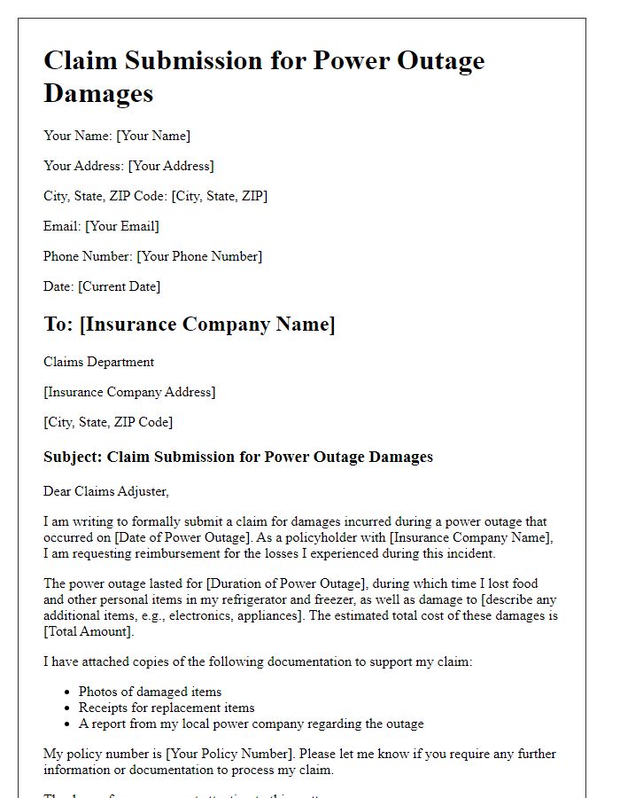 Letter template of renters insurance claim submission for power outage damages.