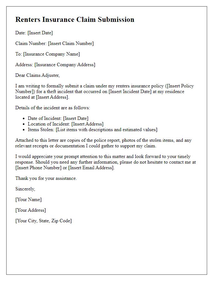 Letter template of renters insurance claim submission for theft incident.