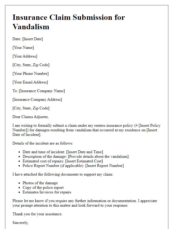 Letter template of renters insurance claim submission for vandalism.