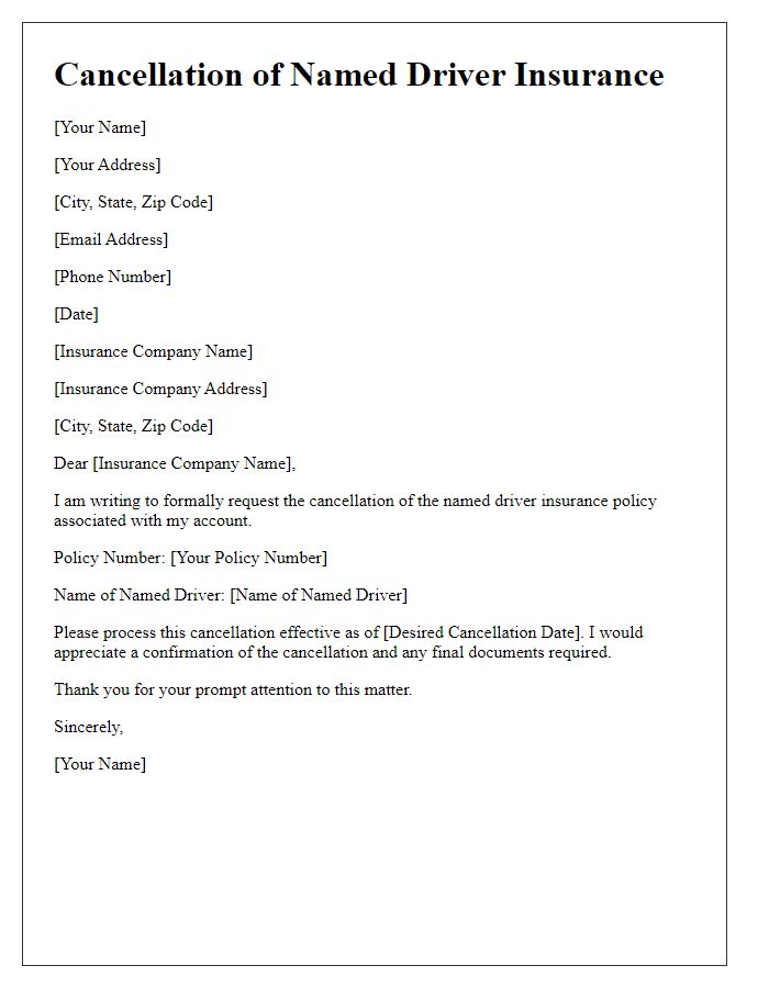 Letter template of cancellation of named driver insurance