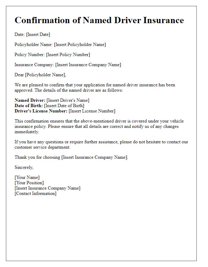 Letter template of confirmation for named driver insurance