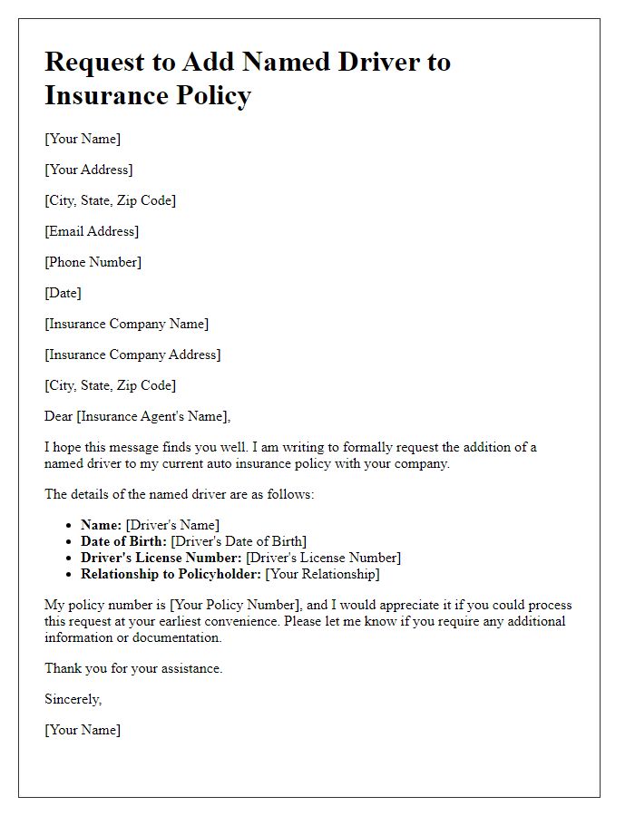 Letter template of request to add a named driver to insurance