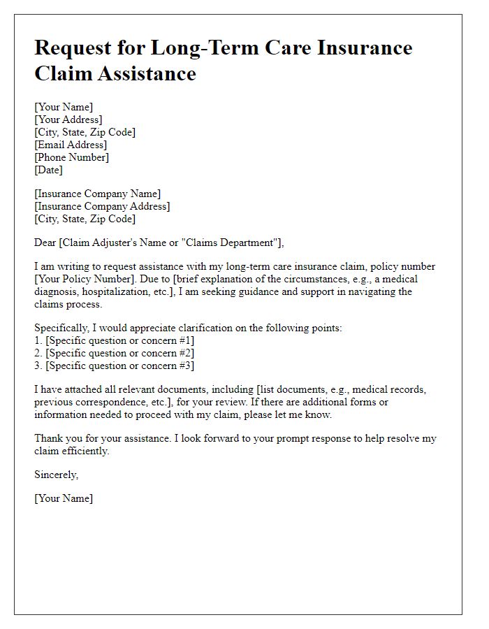 Letter template of long-term care insurance claim assistance request