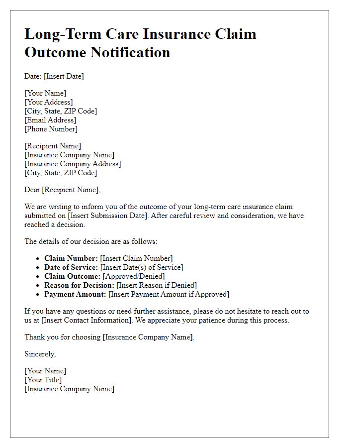 Letter template of long-term care insurance claim outcome notification