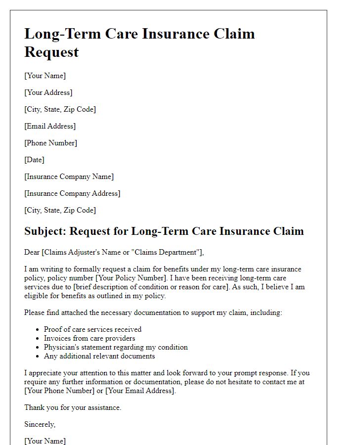 Letter template of long-term care insurance claim request