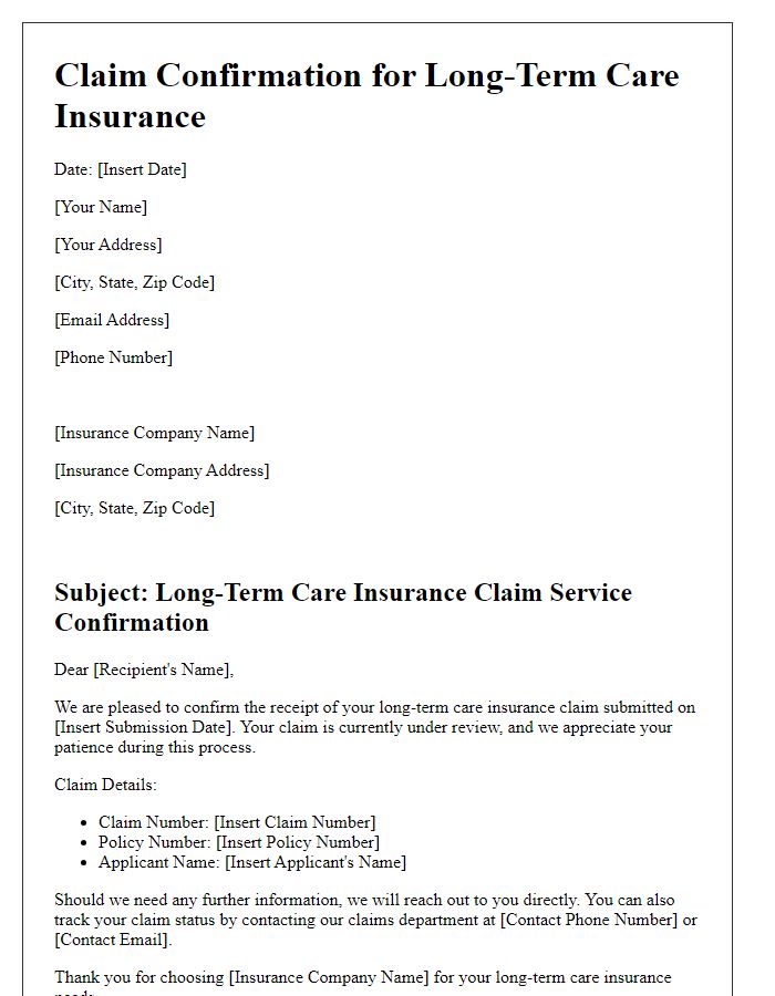 Letter template of long-term care insurance claim service confirmation