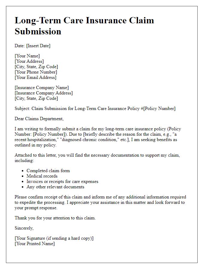 Letter template of long-term care insurance policyholder claim submission