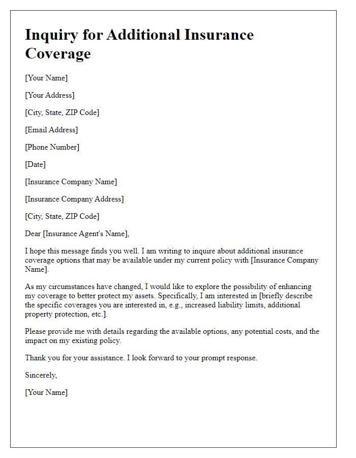 Letter template of additional insurance coverage inquiry