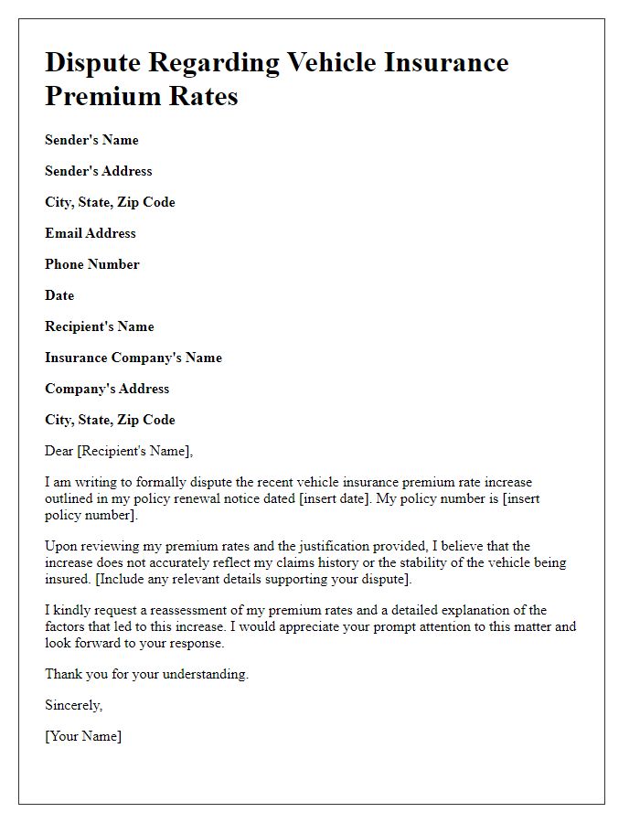 Letter template of dispute regarding vehicle insurance premium rates