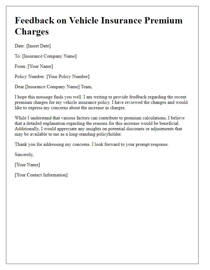 Letter template of feedback on vehicle insurance premium charges