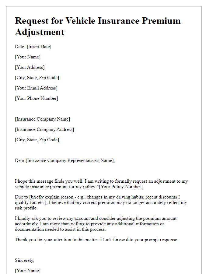 Letter template of request for vehicle insurance premium adjustment